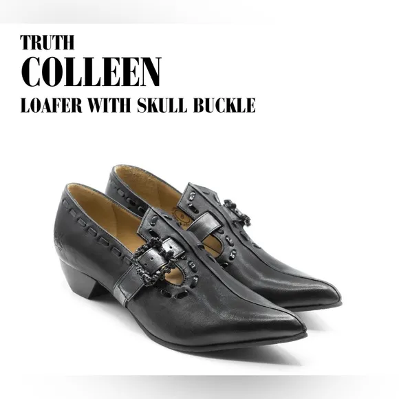 Fluevog NEARLY NEW Truth Colleen black loafers w/ skull t-strap buckle - 6