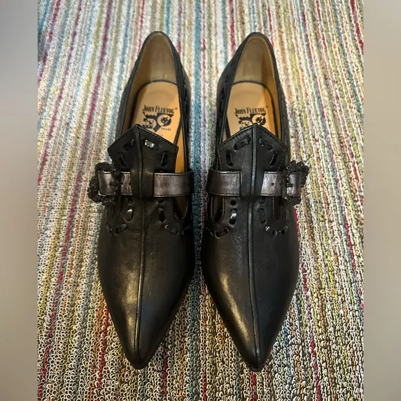 Fluevog NEARLY NEW Truth Colleen black loafers w/ skull t-strap buckle - 6