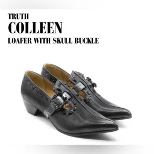 Fluevog NEARLY NEW Truth Colleen black loafers w/ skull t-strap buckle - 6