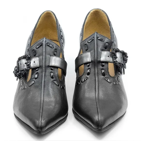 Fluevog NEARLY NEW Truth Colleen black loafers w/ skull t-strap buckle - 6