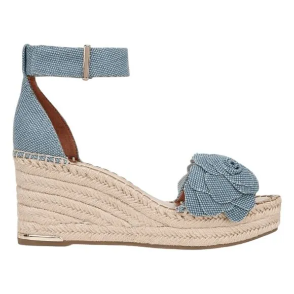 Franco Sarto Clemens Espadrille Sandal Denim Flower Ankle Strap Platform Wedge 7