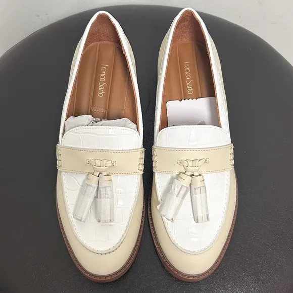 Franco Sarto Ivory White Carolyn Low Faux Leather Tassels Loafers 9W 9 Wide NIB