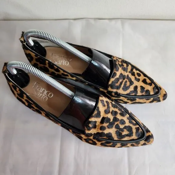 Franco Sarto Leopard Cheetah Print  Block Heel Flats Leather Size 8M Calf Hair
