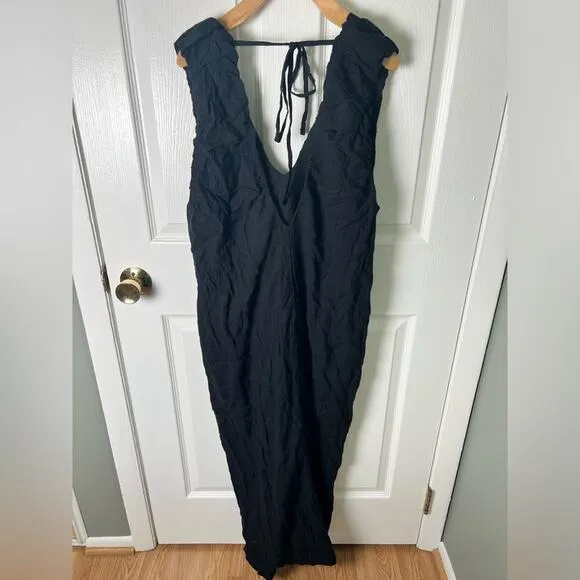 Free People Black Cotton Sleeveless Plunge Neck Ruched Agatha Midi Black S