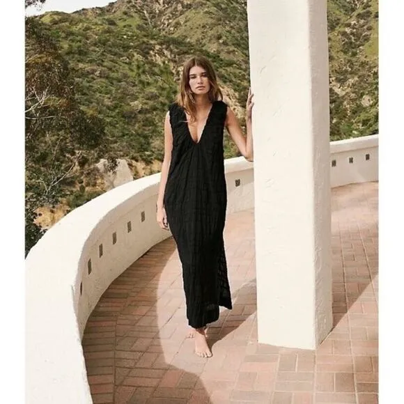 Free People Black Cotton Sleeveless Plunge Neck Ruched Agatha Midi Black S
