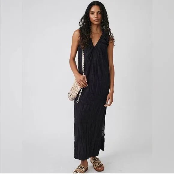 Free People Black Cotton Sleeveless Plunge Neck Ruched Agatha Midi Black S