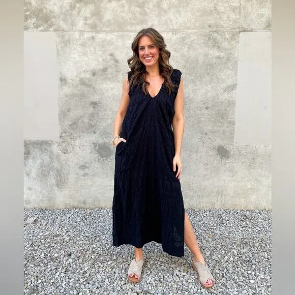 Free People Black Cotton Sleeveless Plunge Neck Ruched Agatha Midi Black S