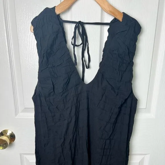 Free People Black Cotton Sleeveless Plunge Neck Ruched Agatha Midi Black S