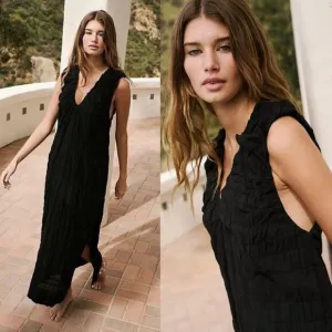 Free People Black Cotton Sleeveless Plunge Neck Ruched Agatha Midi Black S