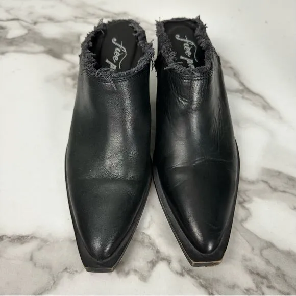 Free People Black Leather Fringe Pointed Cowgirl Slip On Mule Boots Size 36