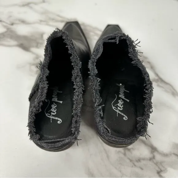 Free People Black Leather Fringe Pointed Cowgirl Slip On Mule Boots Size 36