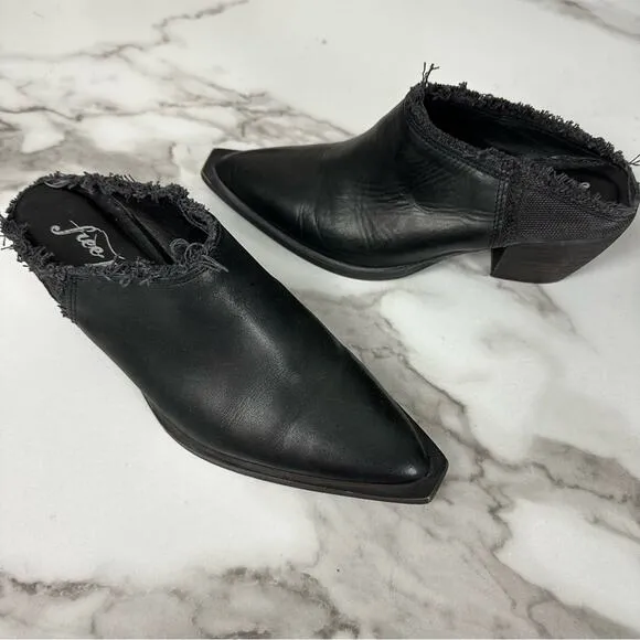 Free People Black Leather Fringe Pointed Cowgirl Slip On Mule Boots Size 36
