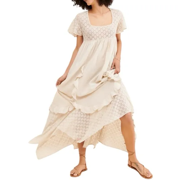 FREE PEOPLE Bring The Romance Midi Maxi Cotton Dress Neutral Sz XS oversized