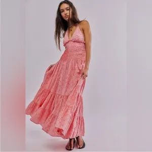 Free People Dress Pintuck Paradise Maxi Eyelet Halter in Pink Icing