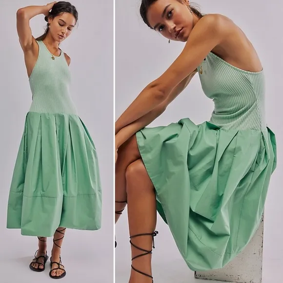 Free People, DROPS OF VENUS OVERSIZED MIDI DRESS IN GREEN