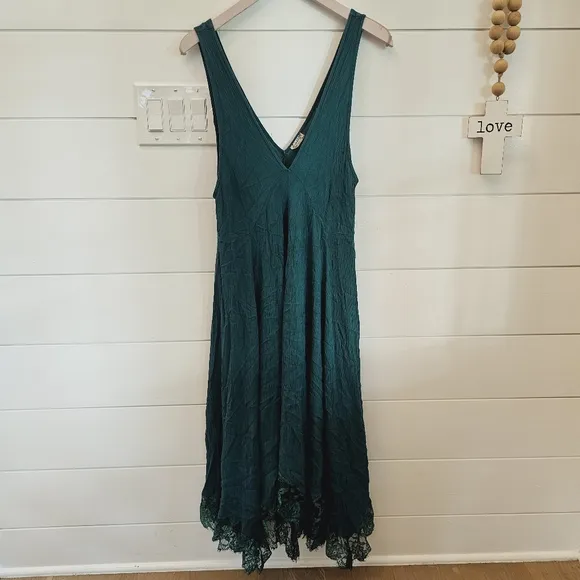 Free people emerald green lace handkerchief dress midi sz  XS