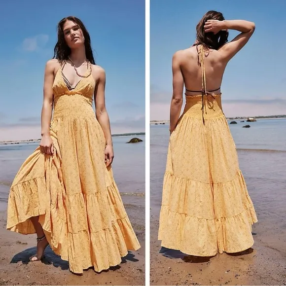 Free People Ethereal Bohemian Eyelet Lace Ruffle Halter Maxi Dress Large NEW