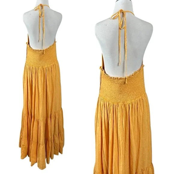 Free People Ethereal Bohemian Eyelet Lace Ruffle Halter Maxi Dress Large NEW