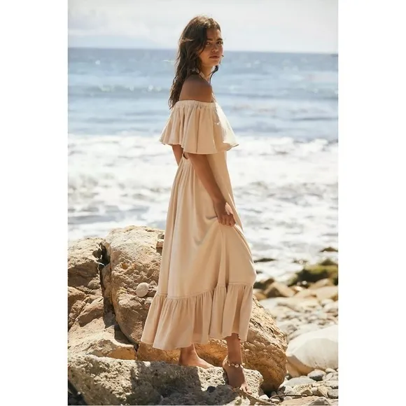 Free People Lynne Midi Dress in Bleached Sand Size Large NWT Neutral Coastal