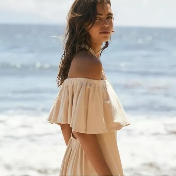 Free People Lynne Midi Dress in Bleached Sand Size Large NWT Neutral Coastal
