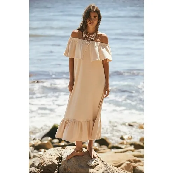 Free People Lynne Midi Dress in Bleached Sand Size Large NWT Neutral Coastal
