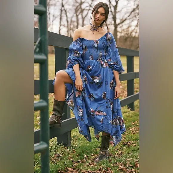 Free People Morning Glory Dutch Blue Floral BoHo Beachy Smocked Maxi Dress