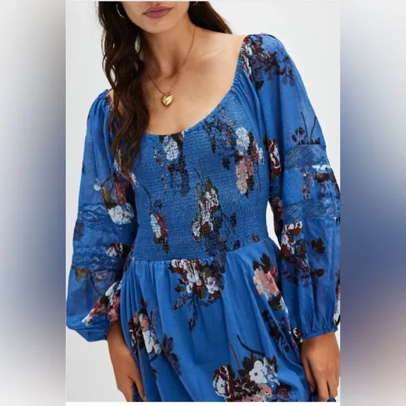 Free People Morning Glory Dutch Blue Floral BoHo Beachy Smocked Maxi Dress