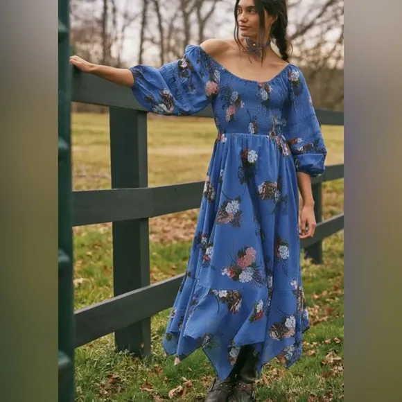 Free People Morning Glory Dutch Blue Floral BoHo Beachy Smocked Maxi Dress