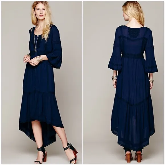 Free People navy boho three quarter bell sleeve maxi dress 2