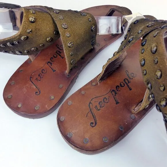 Free People Sandal Women 36 US 5.5 Tan Nassau Ankle Wrap Leather Studded Flats
