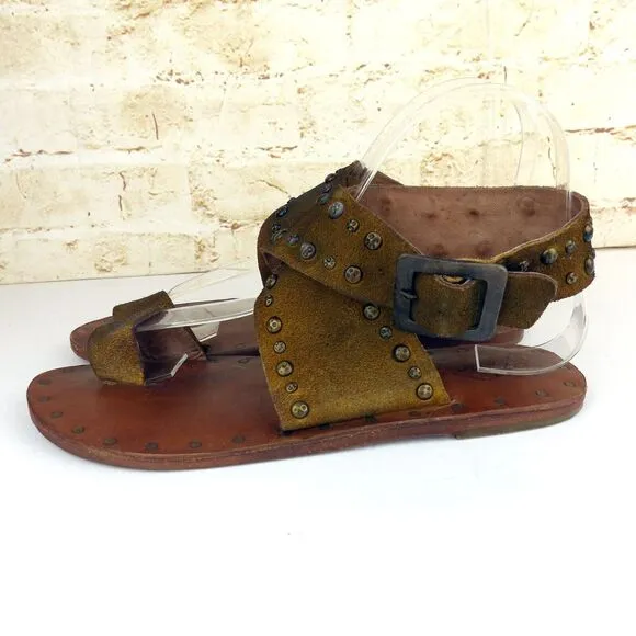 Free People Sandal Women 36 US 5.5 Tan Nassau Ankle Wrap Leather Studded Flats