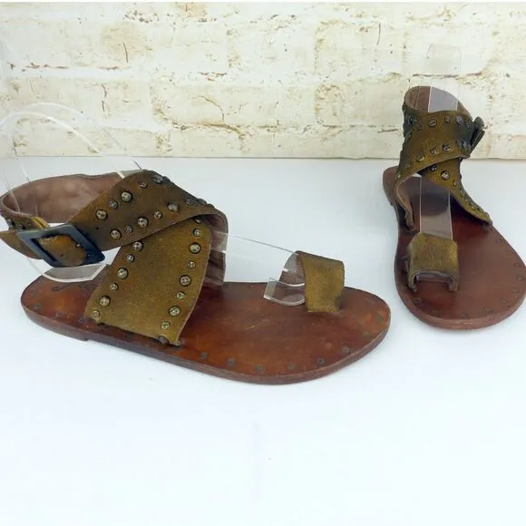 Free People Sandal Women 36 US 5.5 Tan Nassau Ankle Wrap Leather Studded Flats