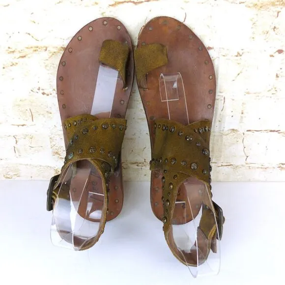 Free People Sandal Women 36 US 5.5 Tan Nassau Ankle Wrap Leather Studded Flats