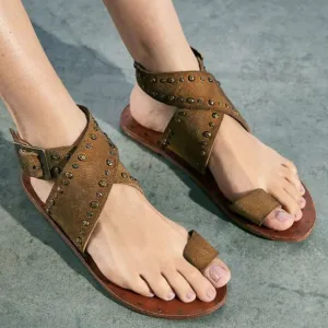 Free People Sandal Women 36 US 5.5 Tan Nassau Ankle Wrap Leather Studded Flats