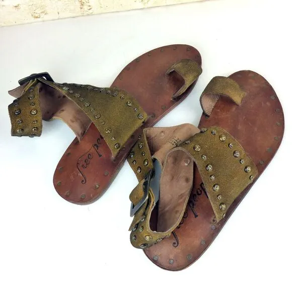 Free People Sandal Women 36 US 5.5 Tan Nassau Ankle Wrap Leather Studded Flats