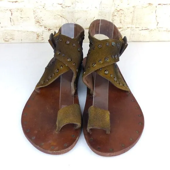 Free People Sandal Women 36 US 5.5 Tan Nassau Ankle Wrap Leather Studded Flats
