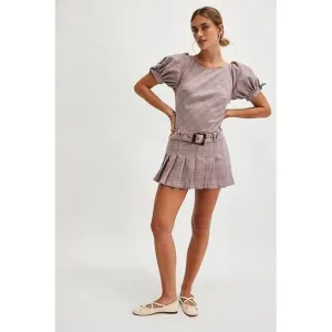 Free People Sevi Plaid Mini Dress Puff Sleeve Grey and Pink Combo Size L NWOT