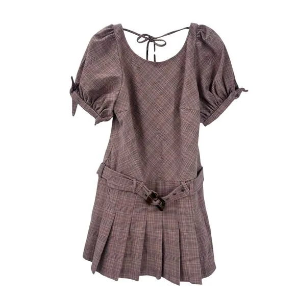 Free People Sevi Plaid Mini Dress Puff Sleeve Grey and Pink Combo Size L NWOT