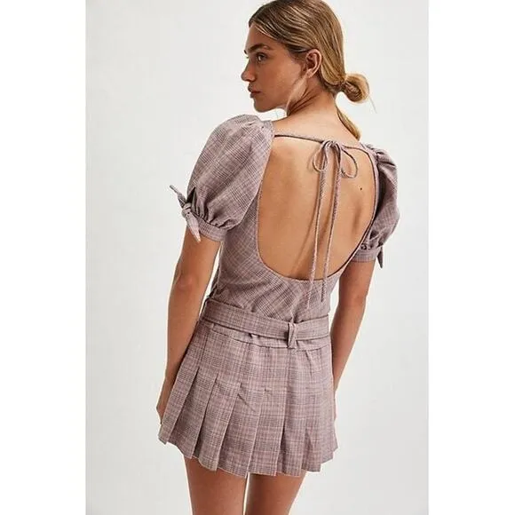 Free People Sevi Plaid Mini Dress Puff Sleeve Grey and Pink Combo Size L NWOT