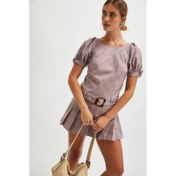 Free People Sevi Plaid Mini Dress Puff Sleeve Grey and Pink Combo Size L NWOT
