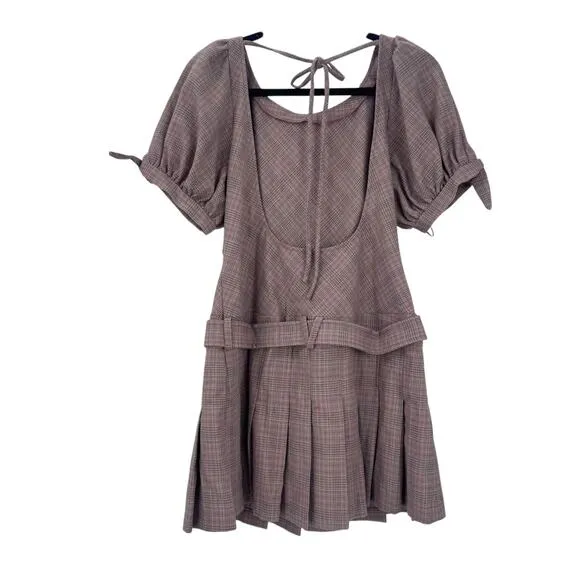 Free People Sevi Plaid Mini Dress Puff Sleeve Grey and Pink Combo Size L NWOT
