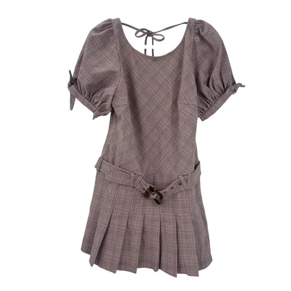 Free People Sevi Plaid Mini Dress Puff Sleeve Grey and Pink Combo Size L NWOT