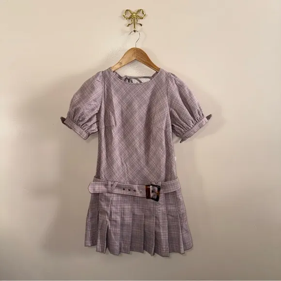 Free People Sevi Plaid Puff Sleeve Mauve Mini Dress with Belt Size Small NWOT