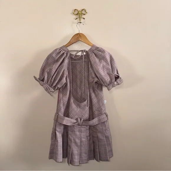 Free People Sevi Plaid Puff Sleeve Mauve Mini Dress with Belt Size Small NWOT