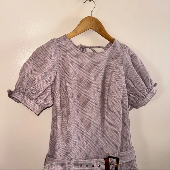 Free People Sevi Plaid Puff Sleeve Mauve Mini Dress with Belt Size Small NWOT