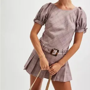 Free People Sevi Plaid Puff Sleeve Mauve Mini Dress with Belt Size Small NWOT