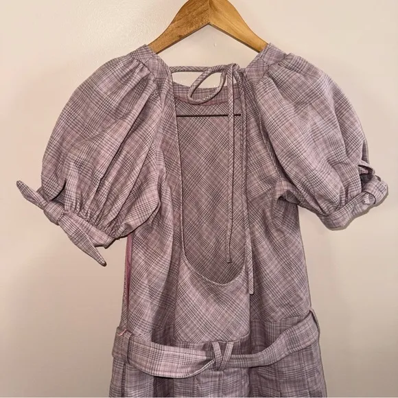 Free People Sevi Plaid Puff Sleeve Mauve Mini Dress with Belt Size Small NWOT