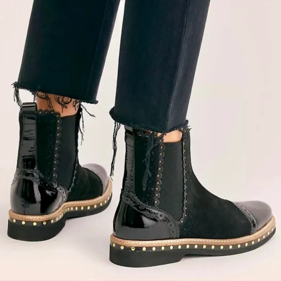 Free People (Size 38) Black Suede &amp; Patent Leather Studded Ankle Chelsea Boots