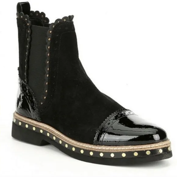 Free People (Size 38) Black Suede &amp; Patent Leather Studded Ankle Chelsea Boots