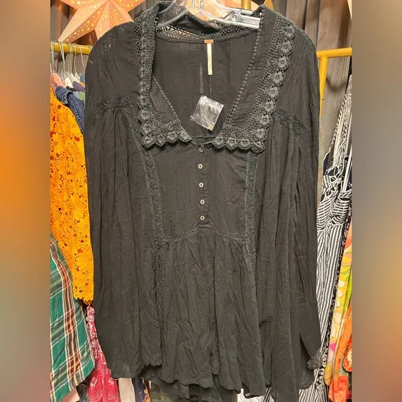 Free People Victorian Mini Dress in Black NWOT
